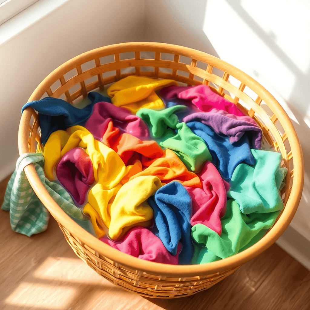 Keranjang laundry yang melimpah dengan pakaian berwarna cerah terendam dalam bak berisi air, diterangi oleh cahaya alami, memancarkan kesegaran dan… Keranjang laundry yang melimpah dengan pakaian berwarna cerah terendam dalam bak berisi air, diterangi oleh cahaya alami, memancarkan kesegaran dan...