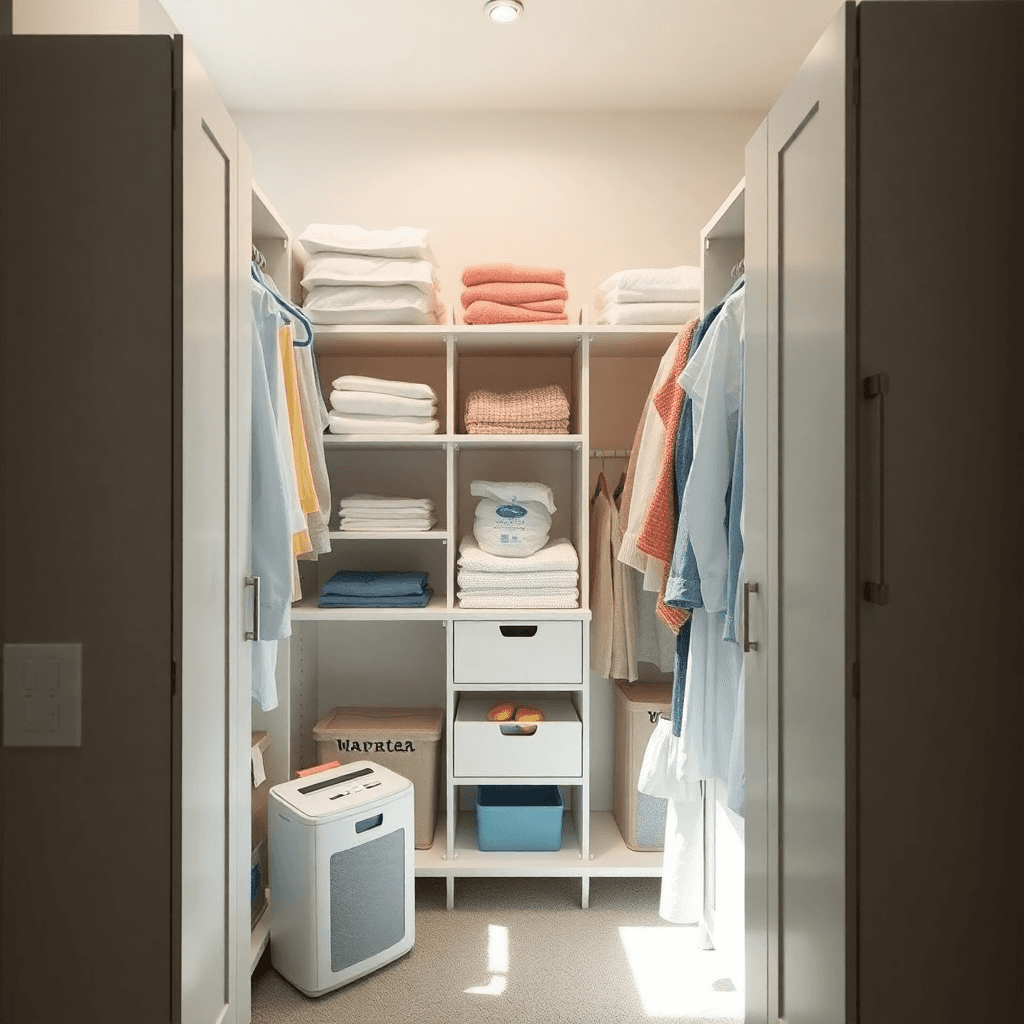 Lemari pakaian yang cerah dan teratur dilengkapi dengan dehumidifier dan kantong penyerap kelembapan, menampilkan lingkungan yang bersih yang mendu… Lemari pakaian yang cerah dan teratur dilengkapi dengan dehumidifier dan kantong penyerap kelembapan, menampilkan lingkungan yang bersih yang mendu...