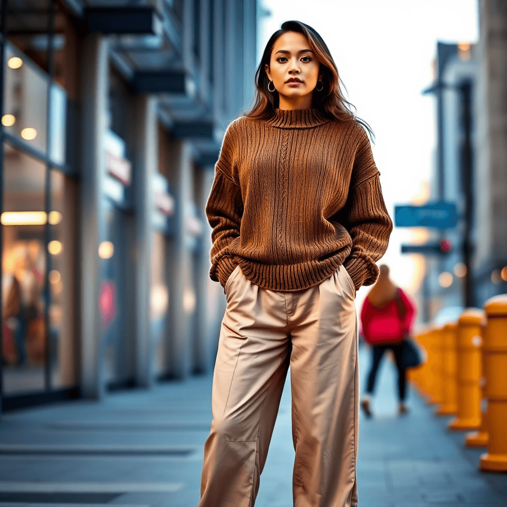 Model percaya diri mengenakan sweater oversized berwarna cerah dan celana berdiri di lingkungan perkotaan, mewujudkan tampilan fashion yang santai … Model percaya diri mengenakan sweater oversized berwarna cerah dan celana berdiri di lingkungan perkotaan, mewujudkan tampilan fashion yang santai ...