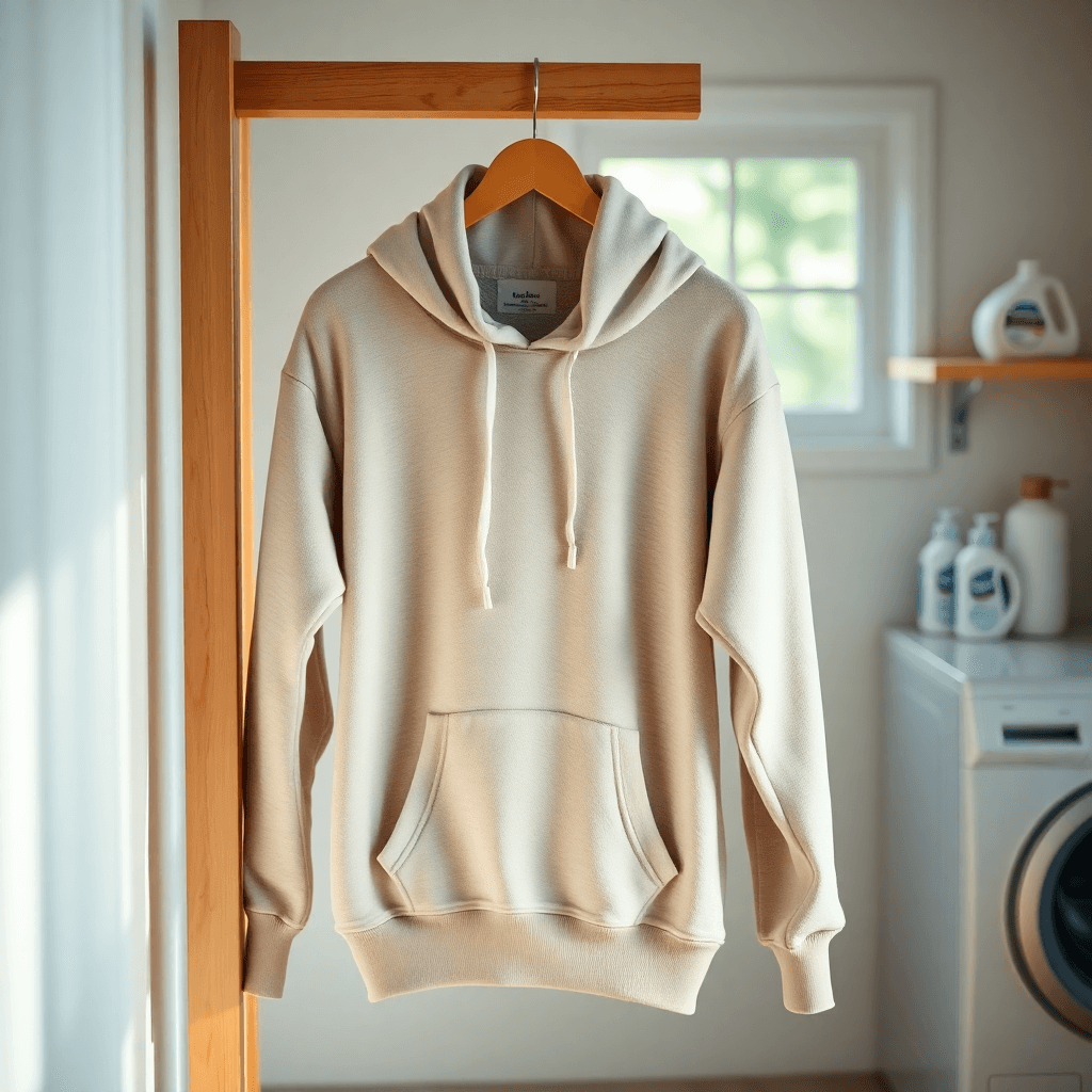 Sebuah hoodie yang nyaman tergantung di rak kayu, disinari oleh cahaya alami yang lembut, dengan item perawatan laundry seperti deterjen lembut dan...
