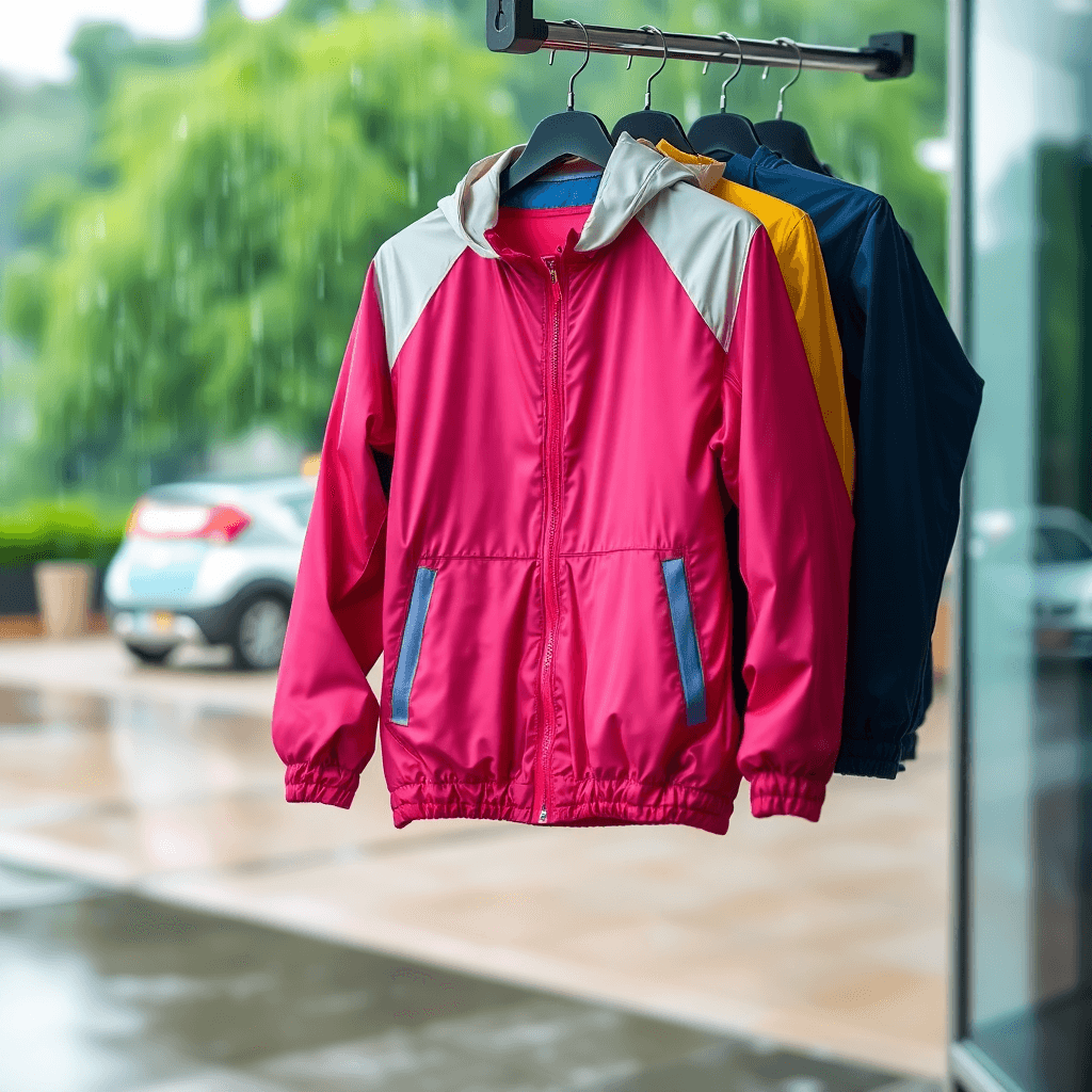 Sebuah jaket windbreaker poliester yang cerah menggantung di rak