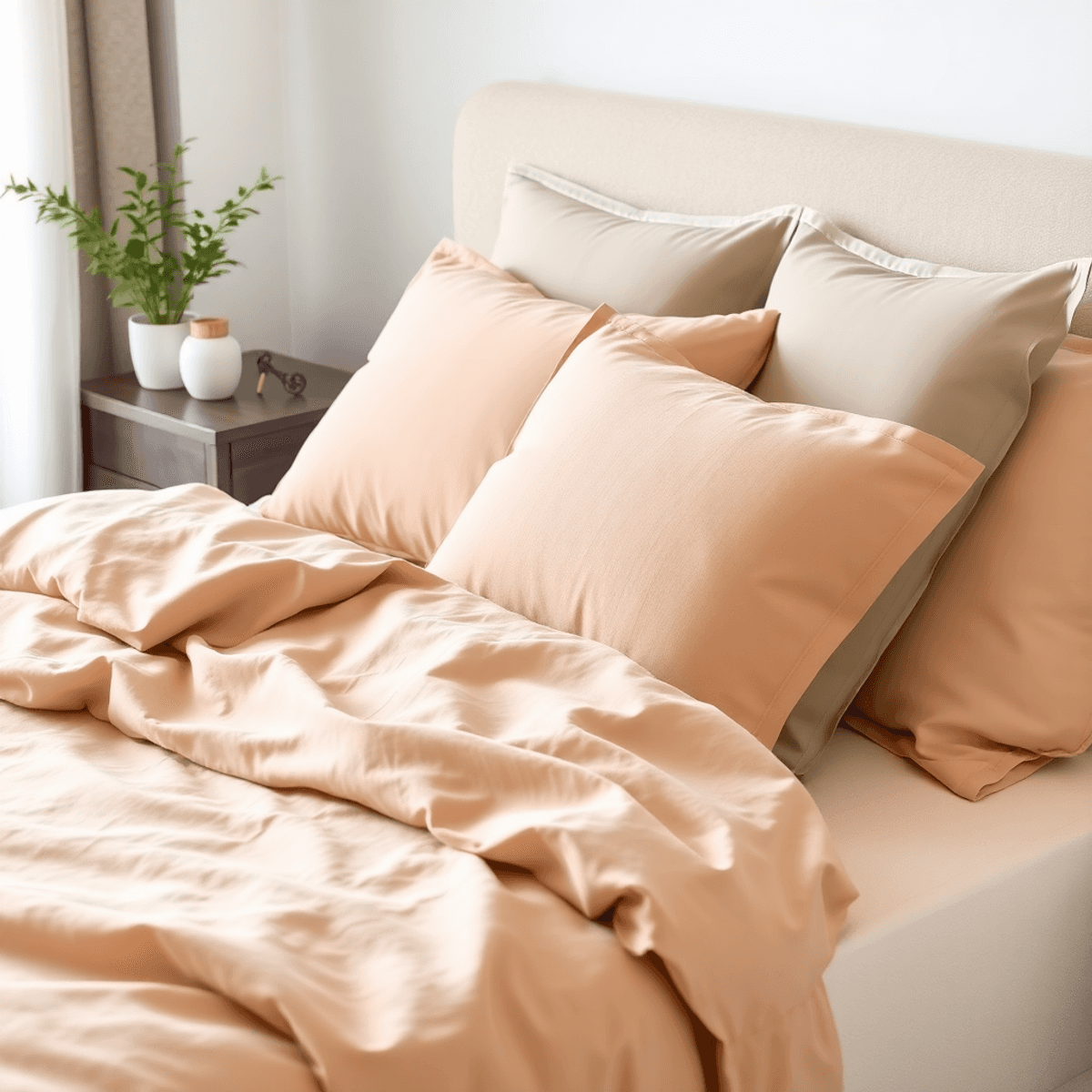 Sebuah kamar tidur yang nyaman dengan tempat tidur yang rapi menggunakan seprai lembut dan berwarna-warni. Sebuah meja samping tempat tidur dengan ...