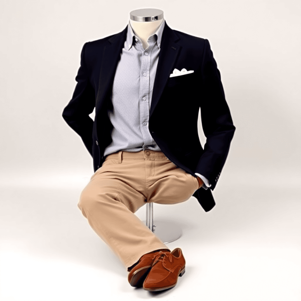 Sebuah pakaian smart casual yang stylish ditampilkan pada mannequin, terdiri dari blazer, kemeja Oxford, celana chinos, dan sepatu derby suede deng… Sebuah pakaian smart casual yang stylish ditampilkan pada mannequin, terdiri dari blazer, kemeja Oxford, celana chinos, dan sepatu derby suede deng...