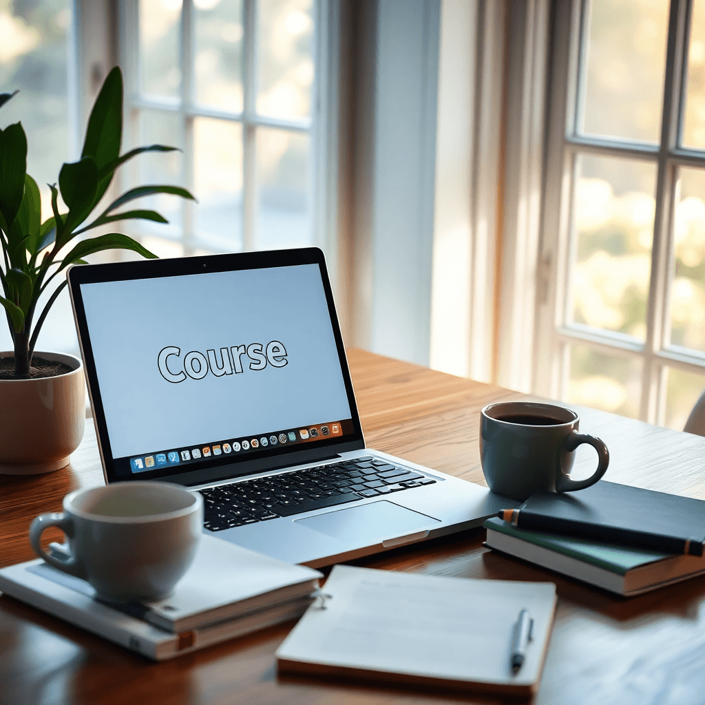 Sebuah ruang kerja di rumah yang cerah dengan laptop terbuka, buku catatan, dan secangkir kopi panas