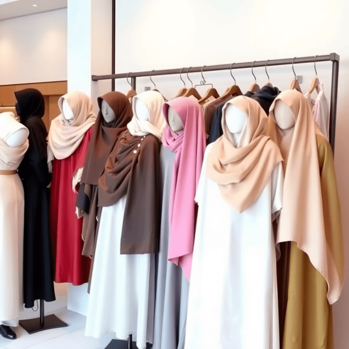 Sebuah tampilan elegan dari khimar, hijab, dan jilbab pada manekin dan rak, menampilkan berbagai gaya dalam fashion wanita Muslim dengan pencahayaa...