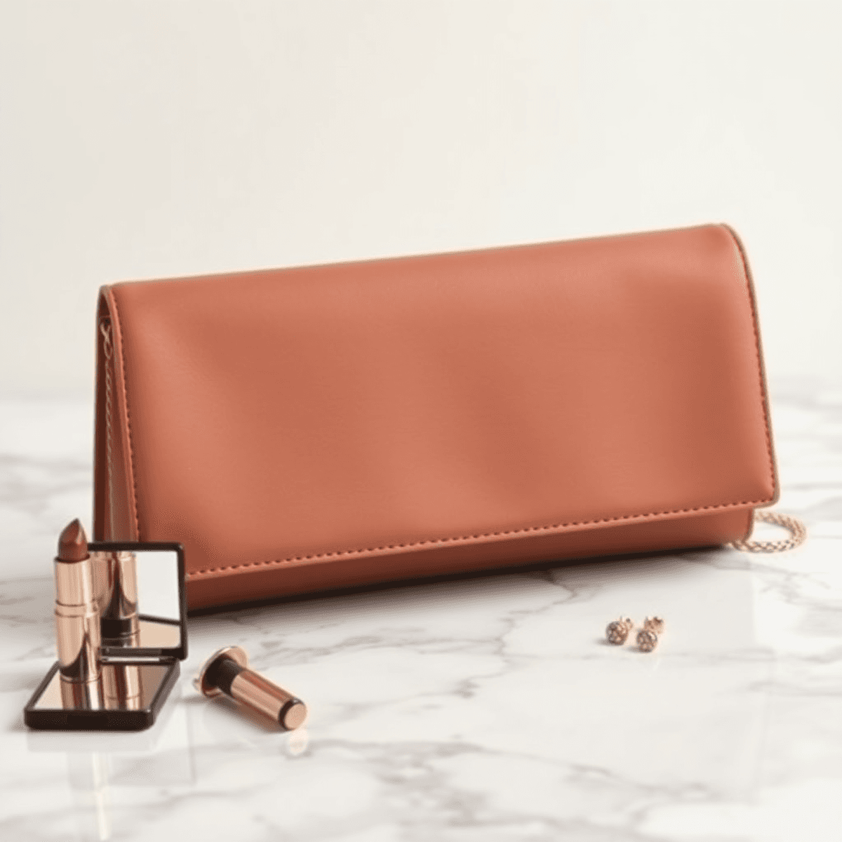 Sebuah tas clutch yang stylish di atas permukaan marmer, dikelilingi oleh lipstik, cermin compact, dan anting-anting, dengan latar belakang lembut ...