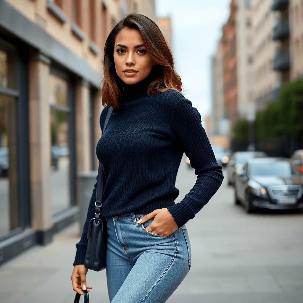 Seorang model mengenakan sweater yang pas dan jeans skinny berpose dengan percaya diri di lingkungan perkotaan luar ruangan dengan penampilan modis...