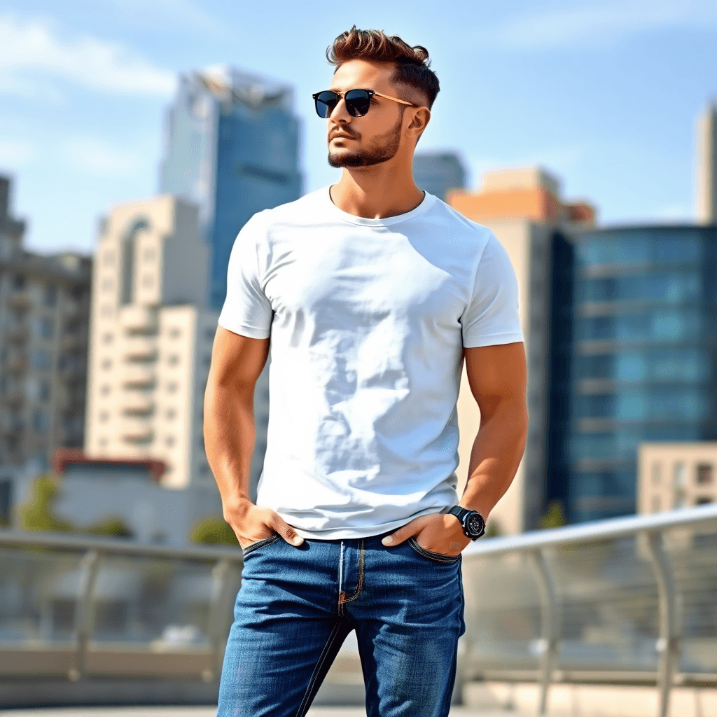 Seorang pria bergaya dengan kaos putih dan celana jeans slim-fit berdiri dengan percaya diri di depan pemandangan kota modern, memancarkan suasana ...