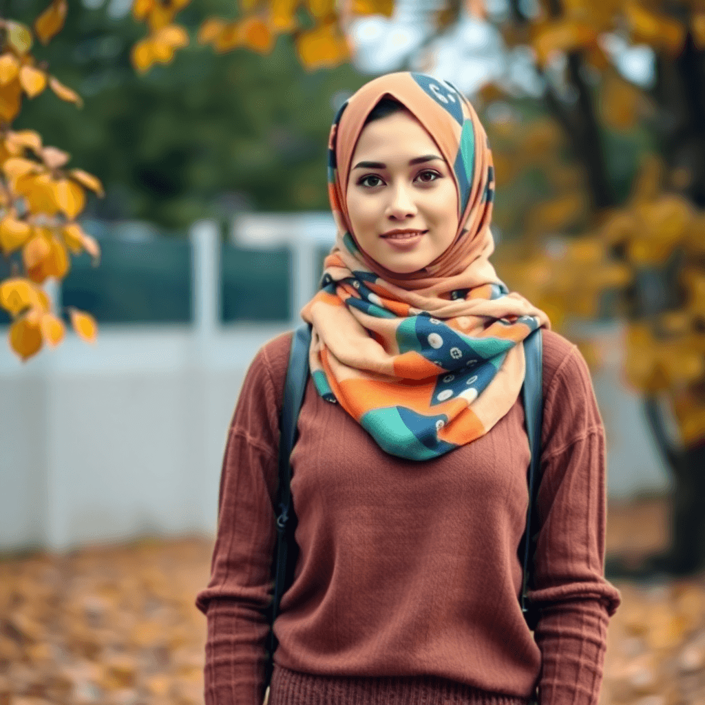 Seorang wanita bergaya mengenakan sweater cokelat dan hijab berwarna-warni berdiri di lingkungan outdoor yang nyaman, dikelilingi oleh daun-daun mu...