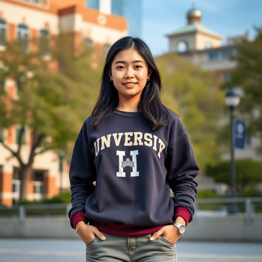 Seorang wanita muda yang stylish dengan sweatshirt universitas trendi berdiri dengan percaya diri di lingkungan kampus perkotaan, dikelilingi oleh … Seorang wanita muda yang stylish dengan sweatshirt universitas trendi berdiri dengan percaya diri di lingkungan kampus perkotaan, dikelilingi oleh ...