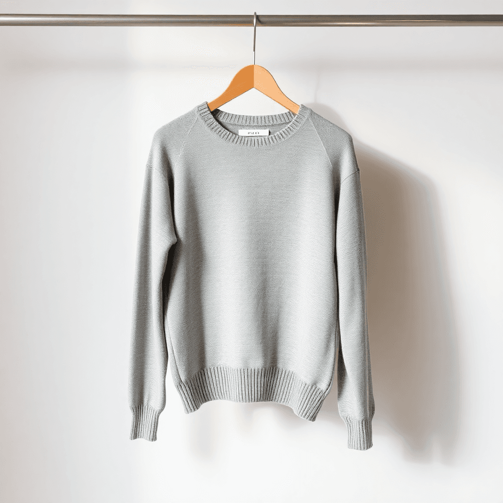 Sweater abu-abu yang ditampilkan dengan elegan pada gantungan dengan latar belakang netral Sweater abu-abu yang ditampilkan dengan elegan pada gantungan dengan latar belakang netral