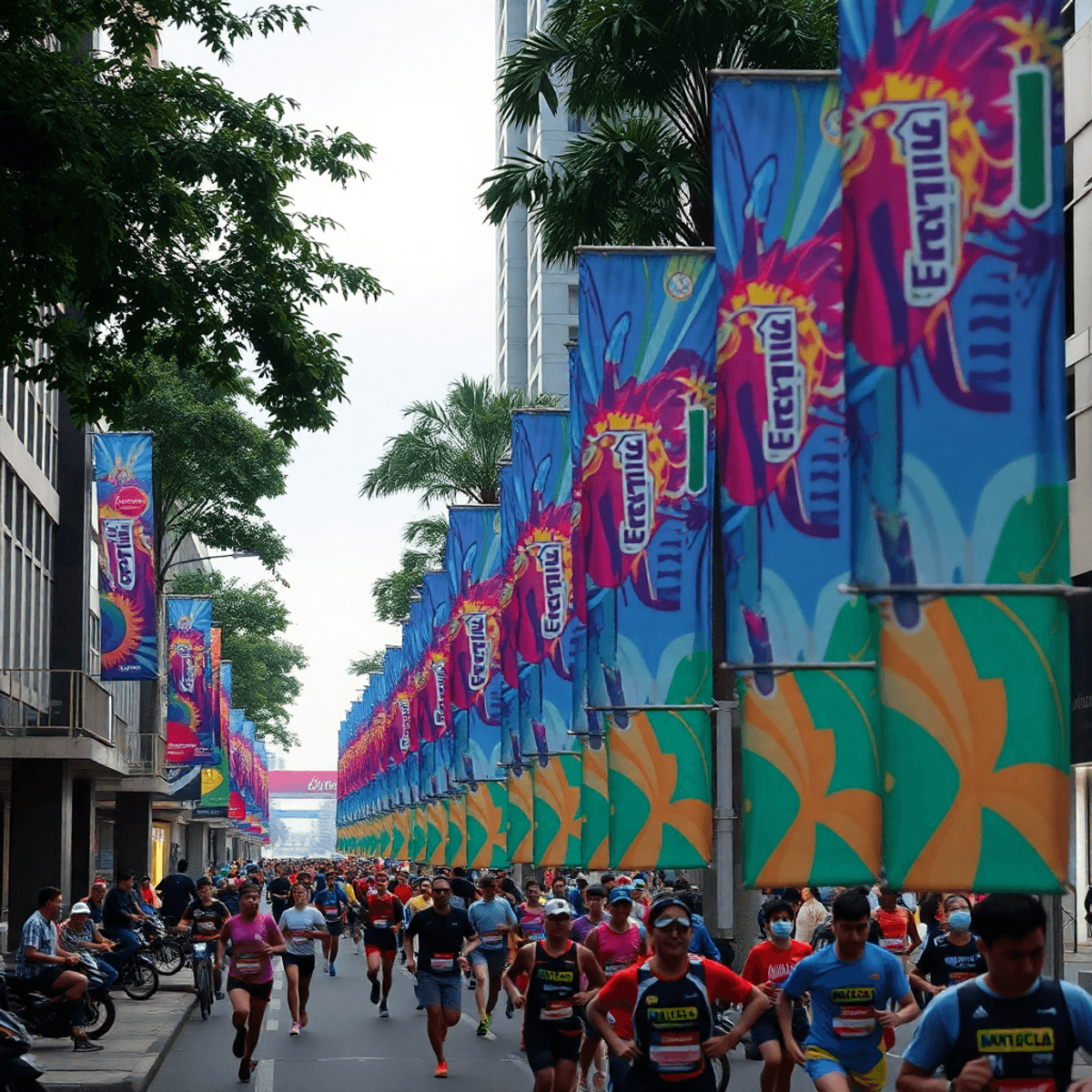 Umbul-umbul di sepanjang jalan saat kegiatan running di perkotaan