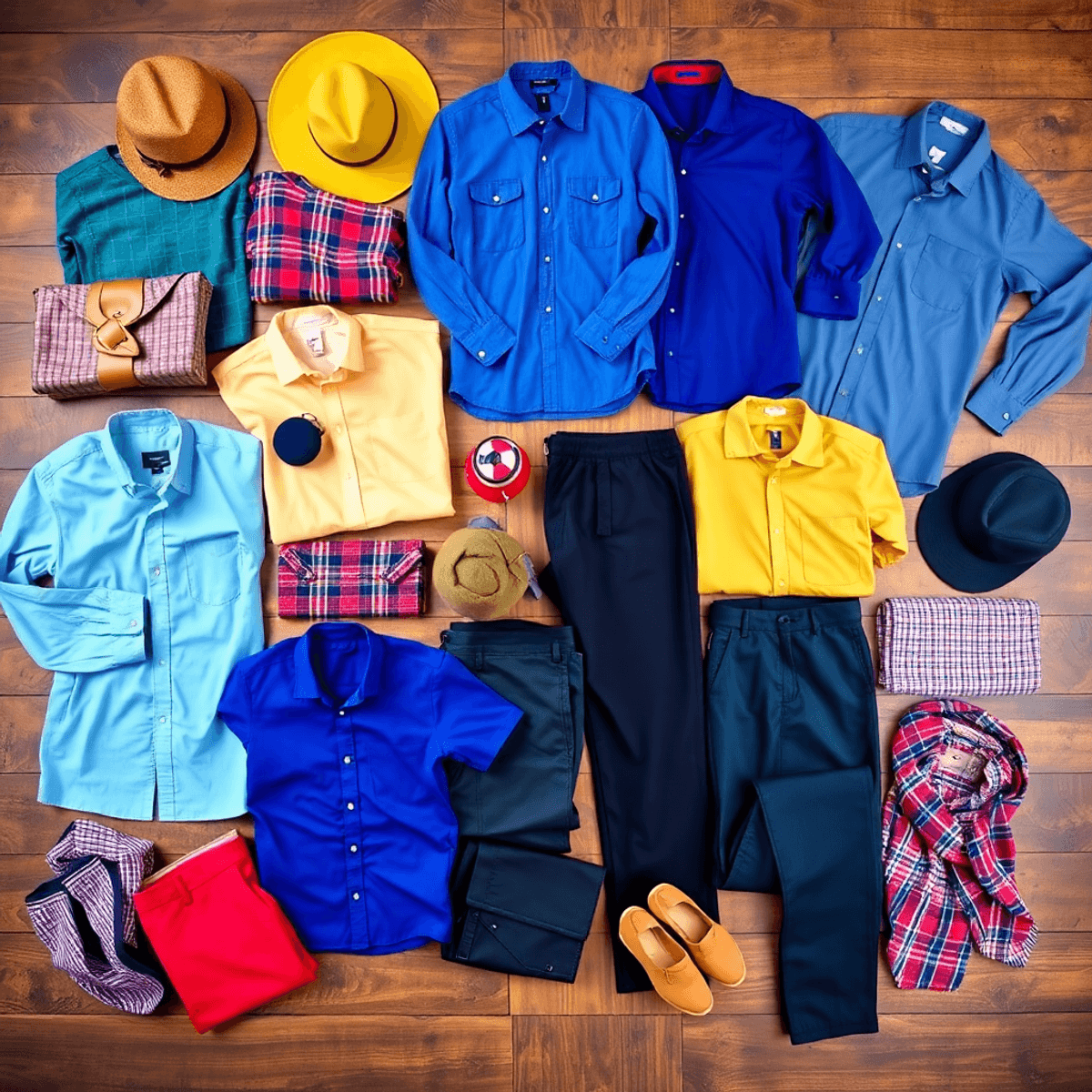 susunan beragam warna pakaian dari kemeja, celana, topi, dan syal yang disusun di atas permukaan kayu, menonjolkan berbagai pilihan mode dengan car...