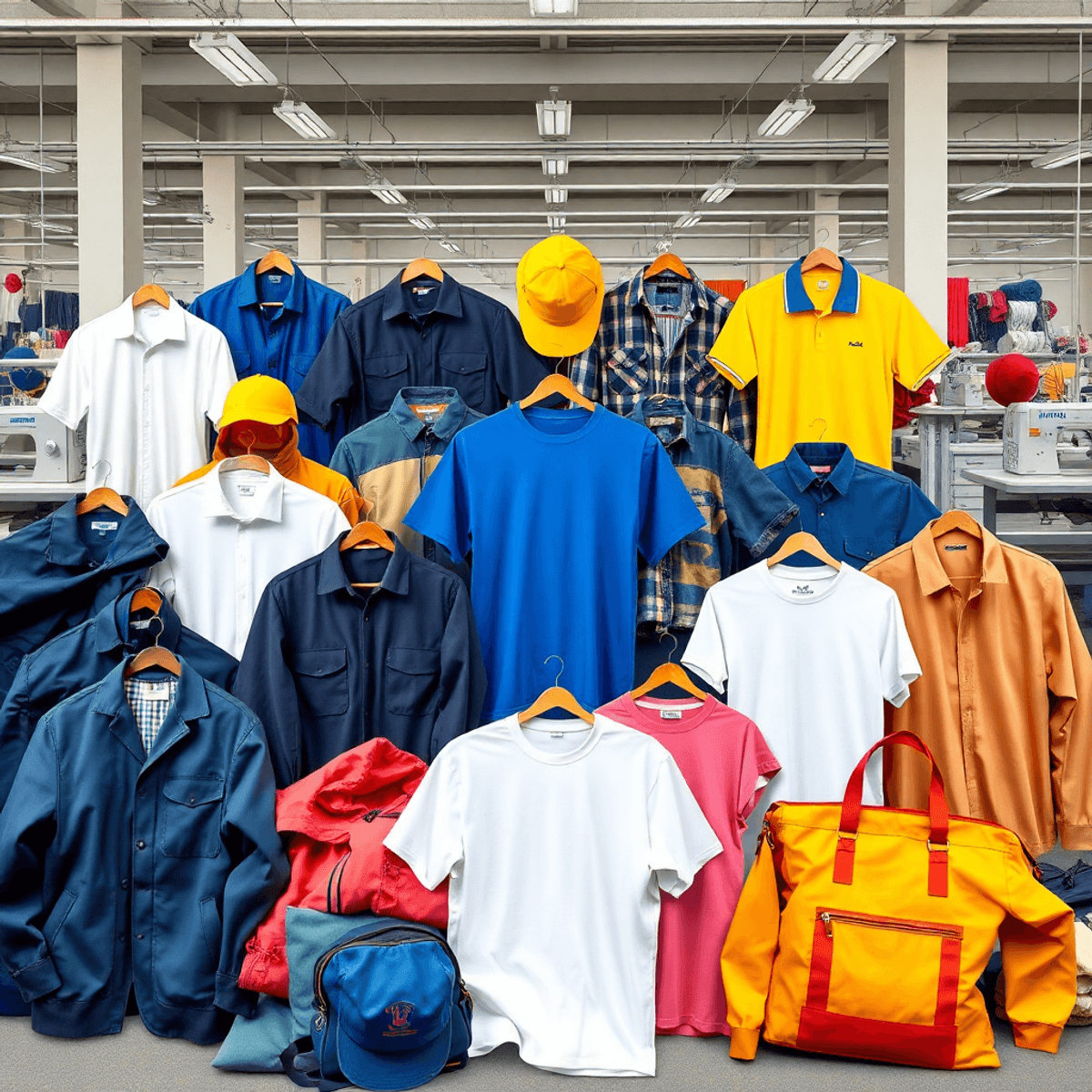 Tampilan berwarna-warni dari berbagai item pakaian, termasuk seragam, kaos, dan jaket, yang diletakkan di latar belakang workshop tekstil dengan me...